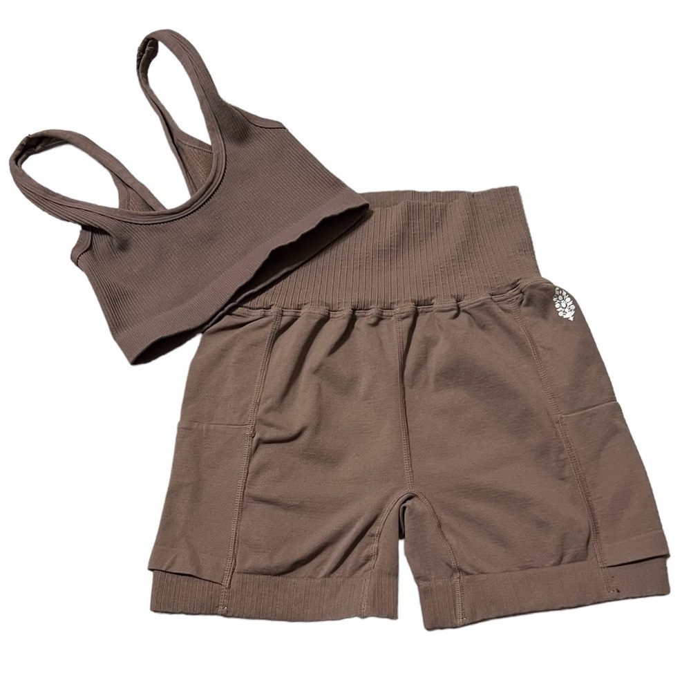 Free People Movement Tank Top & Short 2pc Set XS/S Beautiful Mocha Color NWOT